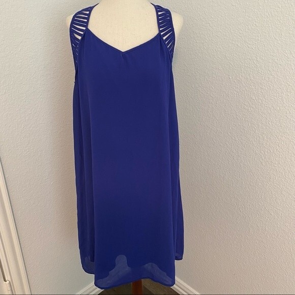 UA LA Cut Out Lattice Detail Dress Sleeveless Sexy Blue Purple Silk Midi SZ L - Picture 3 of 10